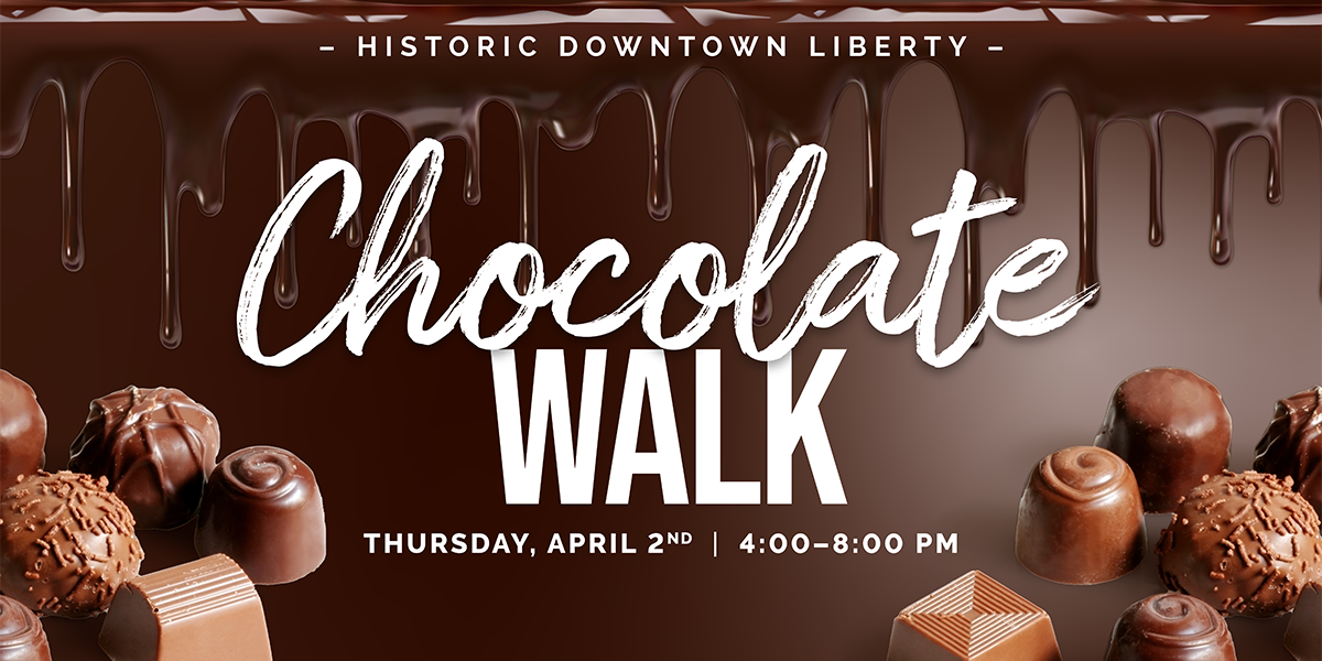 chocolate pieces on brown background and script font that says Chocolate Walk