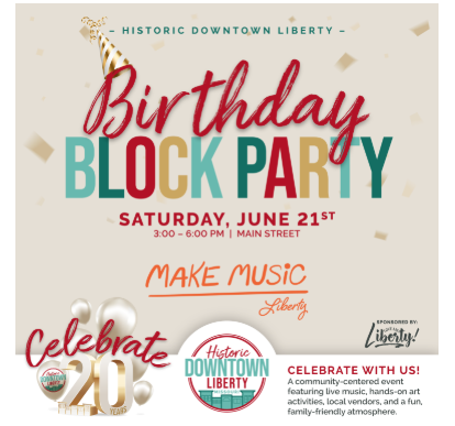 text about block Party announcement for downtown Liberty