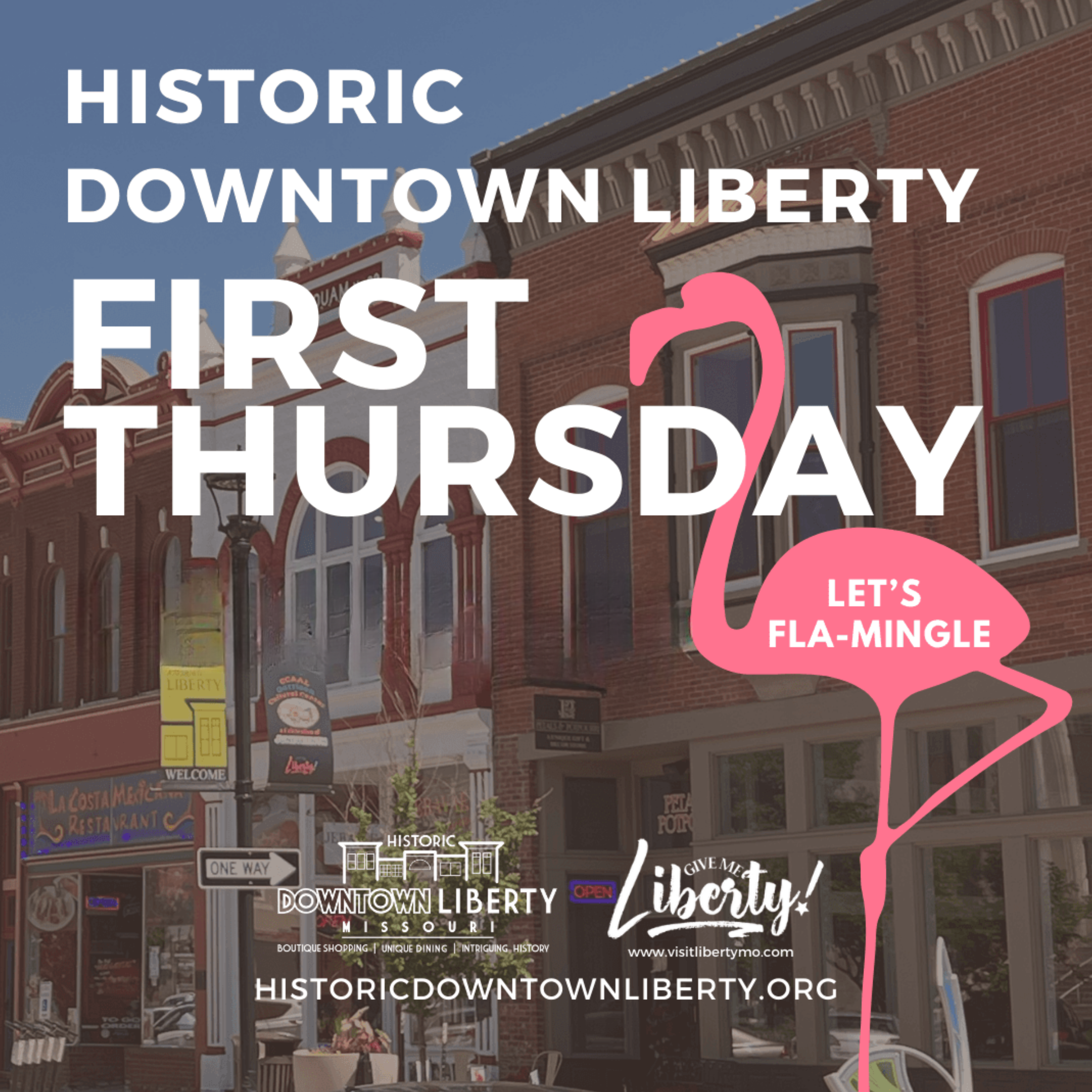 Historic buildings with a pink flamingo in front of the buildings